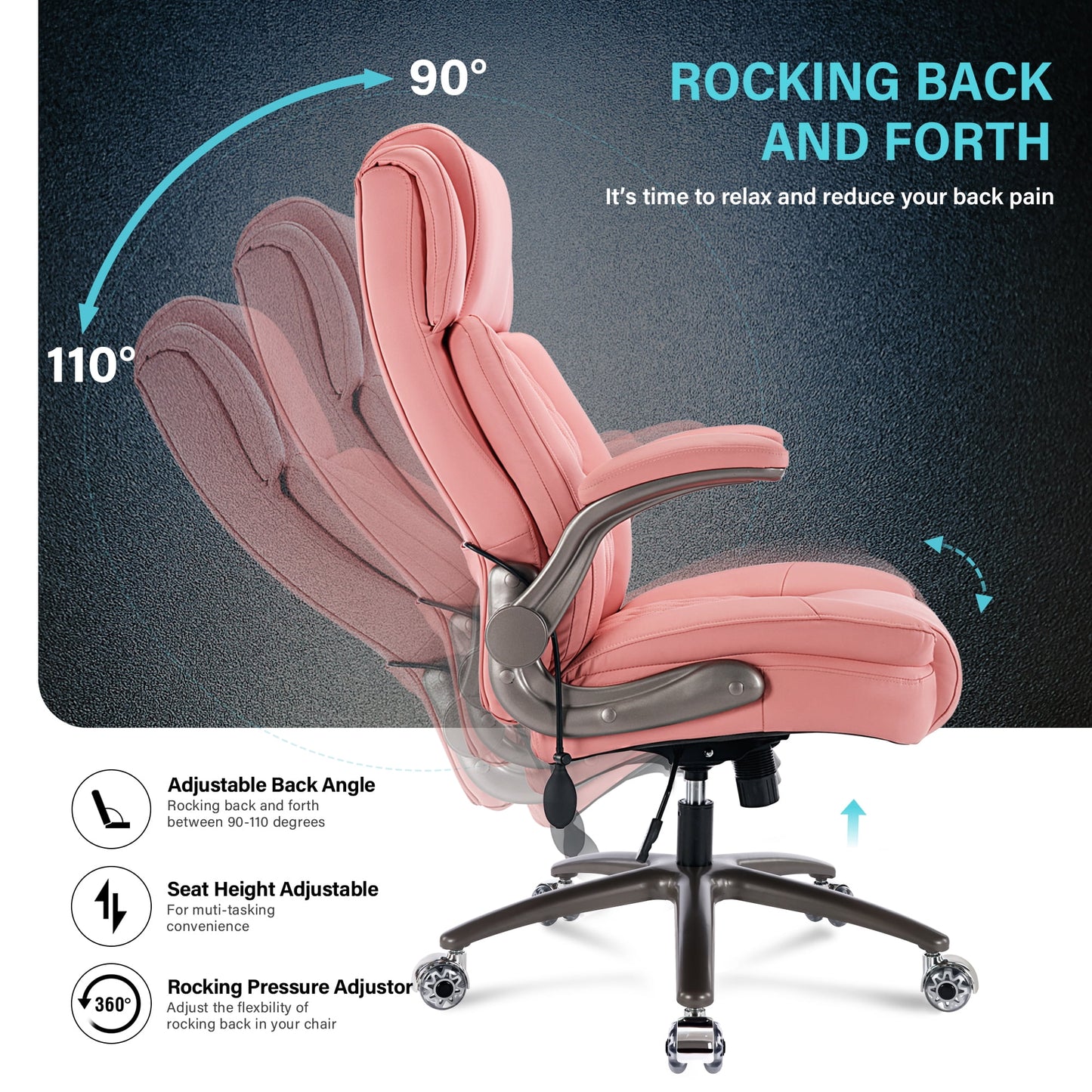 WOSDOM Pink Leather Office Chair - Flip Arms Adjustable Built-in Lumbar Support, Executive Computer Desk Chair Work Chairs with with Storage Bags, Strong Metal Base Quiet Wheels, 350 lb