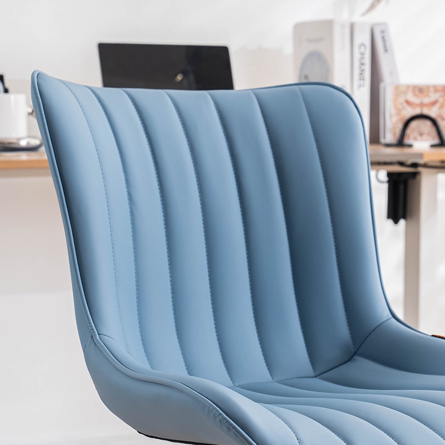 YOUNIKE Cute Armless Office Desk Chair Modern Upholstered Faux Leather Swivel Task Chair, Blue