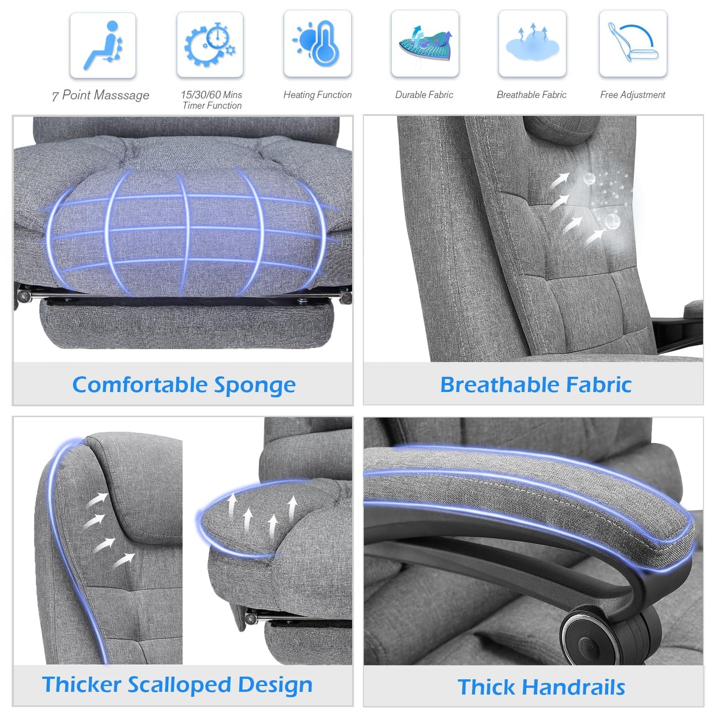 YODOLLA 7 Points Massage Office Chair with Heat Ergonomic Reclining Computer Chair High Back Desk Chair Ergonomic Fabric Office Chair, Grey