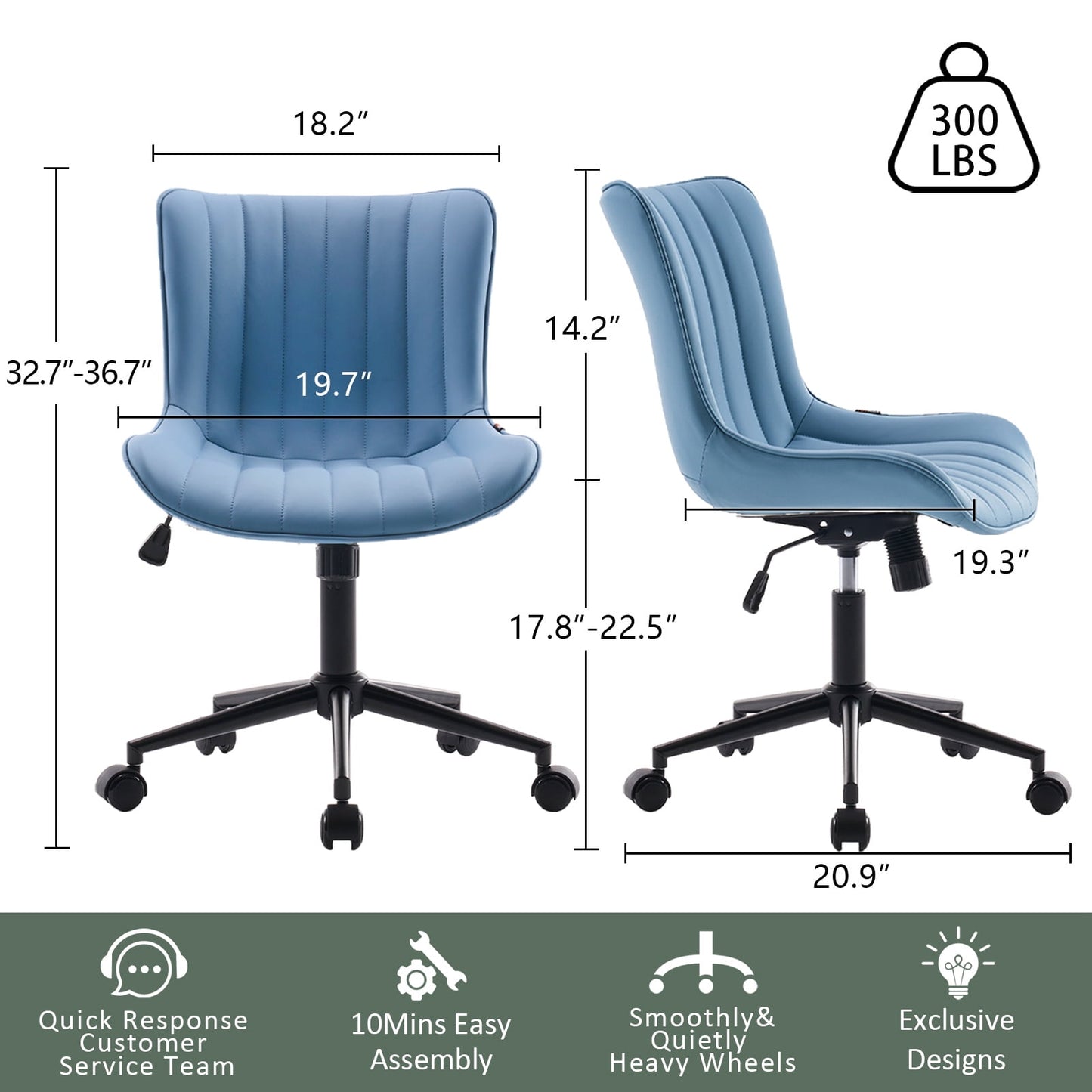 YOUNIKE Cute Armless Office Desk Chair Modern Upholstered Faux Leather Swivel Task Chair, Blue