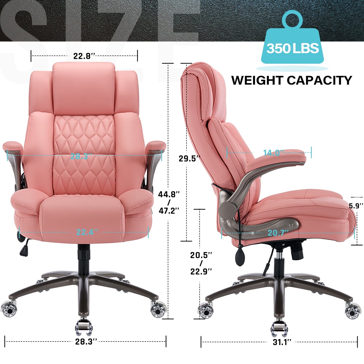 WOSDOM Pink Leather Office Chair - Flip Arms Adjustable Built-in Lumbar Support, Executive Computer Desk Chair Work Chairs with with Storage Bags, Strong Metal Base Quiet Wheels, 350 lb