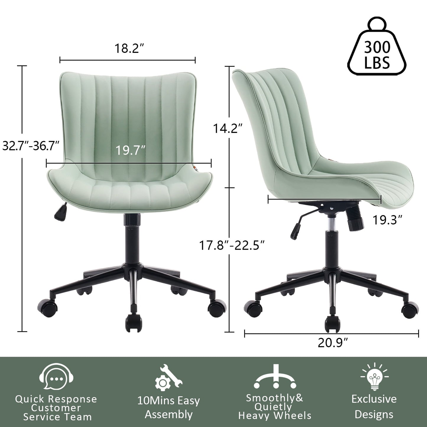 YOUNIKE Cute Armless Office Desk Chair Modern Upholstered Faux Leather Swivel Task Chair, Light Green