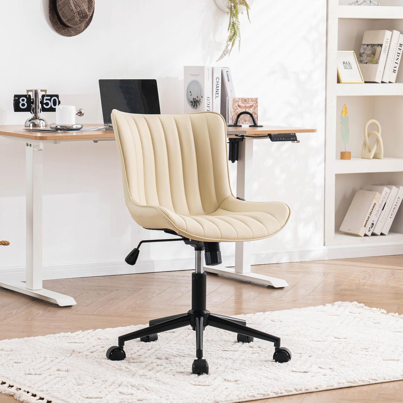 YOUNIKE Cute Armless Office Desk Chair Modern Upholstered Faux Leather Swivel Task Chair, Beige