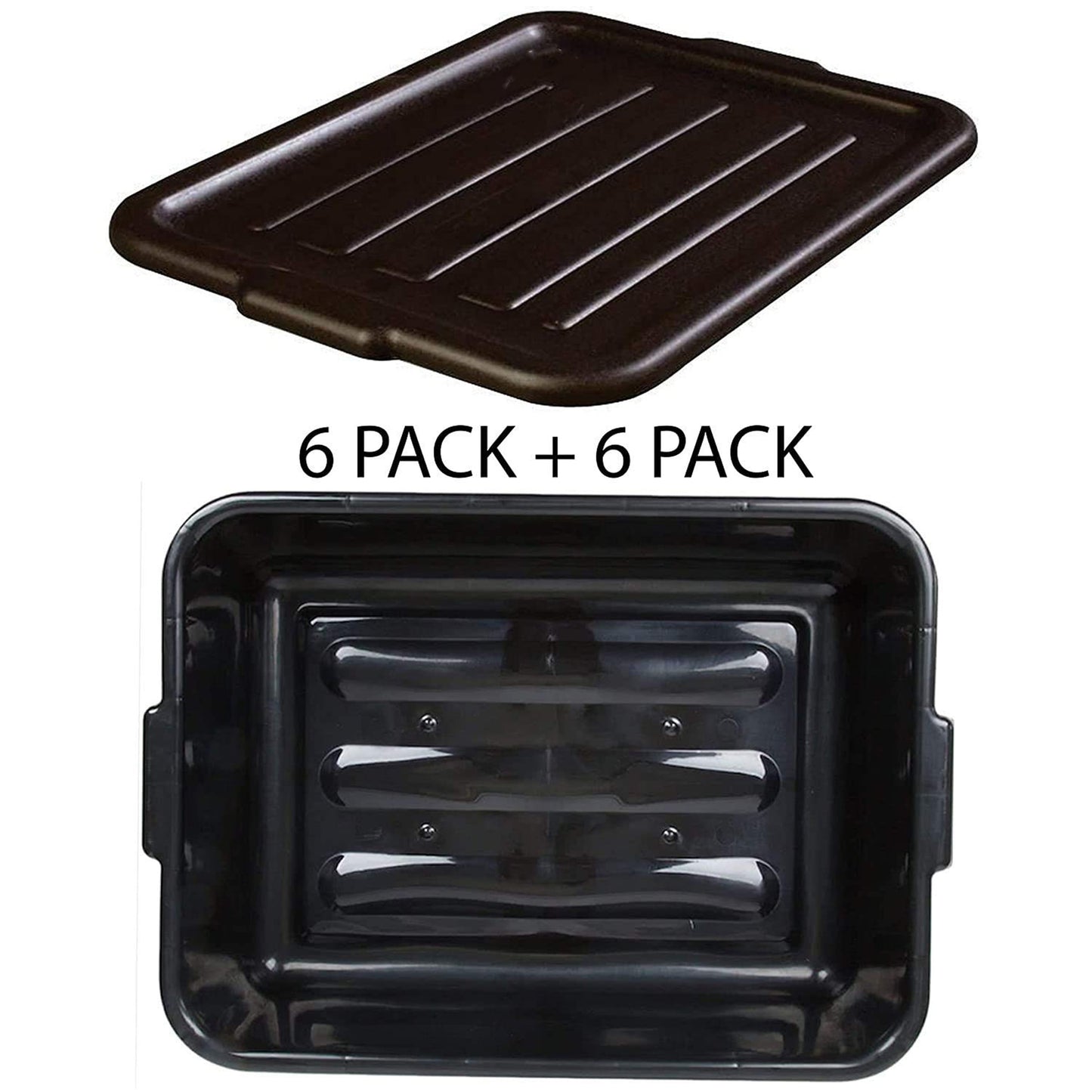 '6 PACK 20'' x 15'' x 7'' Black Polypropylene Bus Plastic Restaurant Dishwasher w/ Lids Tub'