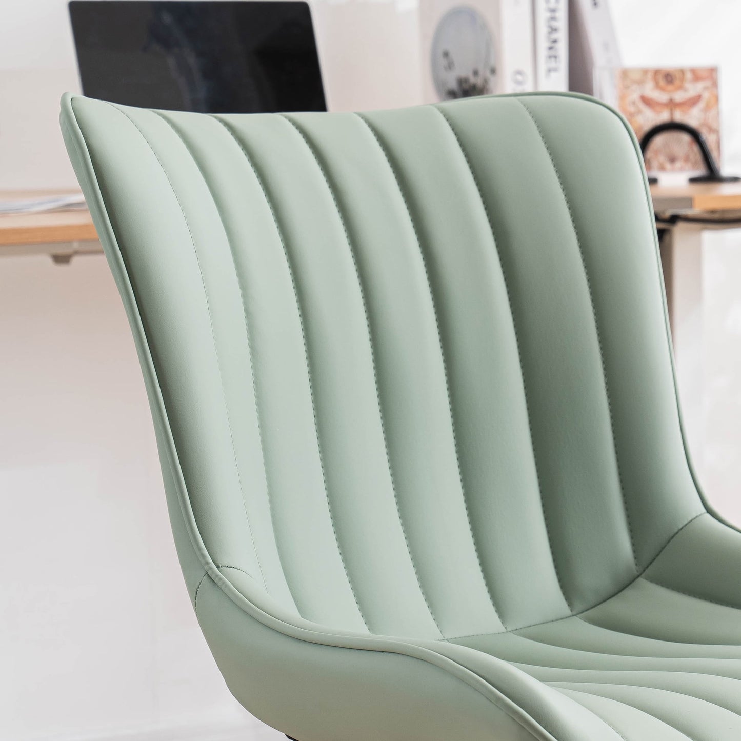 YOUNIKE Cute Armless Office Desk Chair Modern Upholstered Faux Leather Swivel Task Chair, Light Green