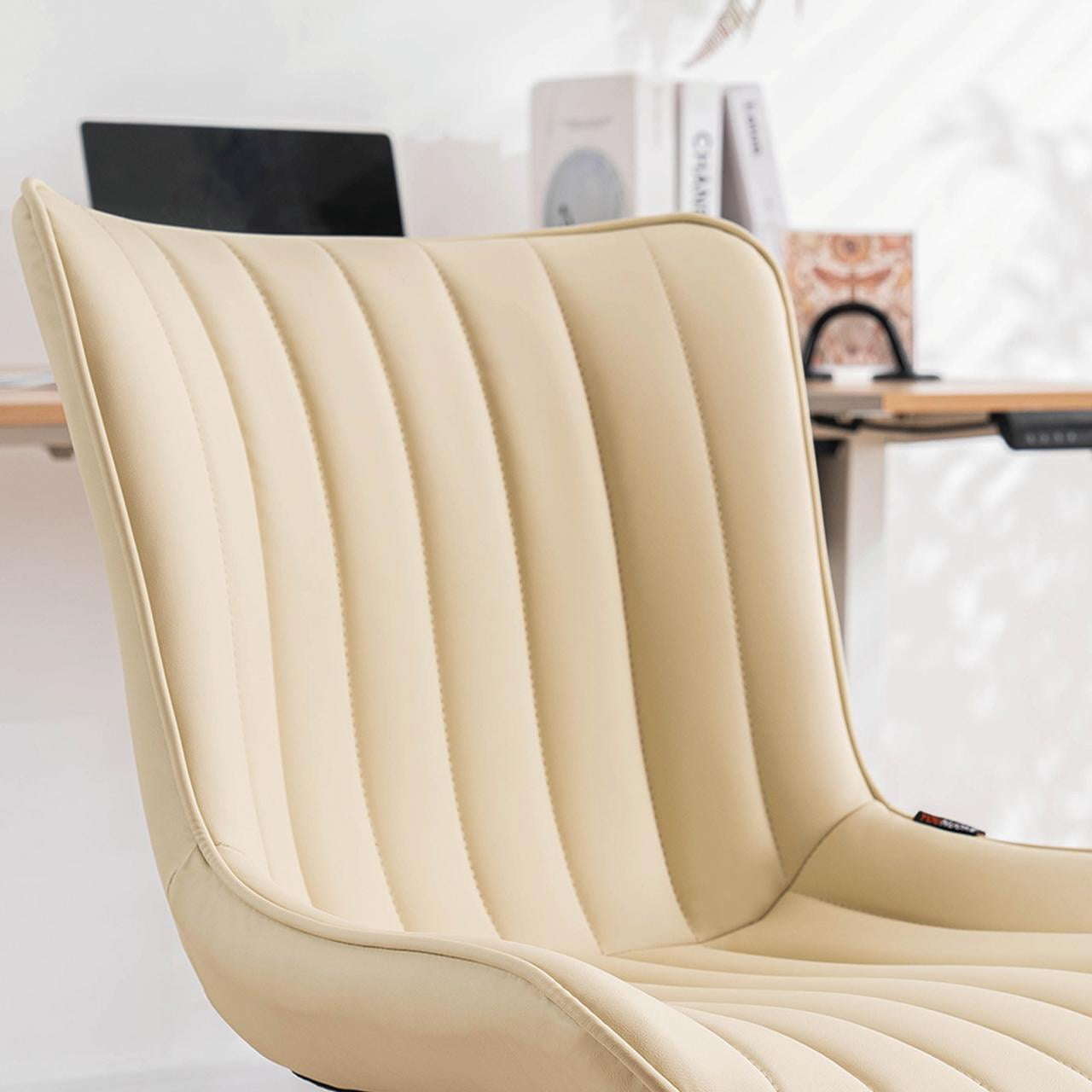 YOUNIKE Cute Armless Office Desk Chair Modern Upholstered Faux Leather Swivel Task Chair, Beige