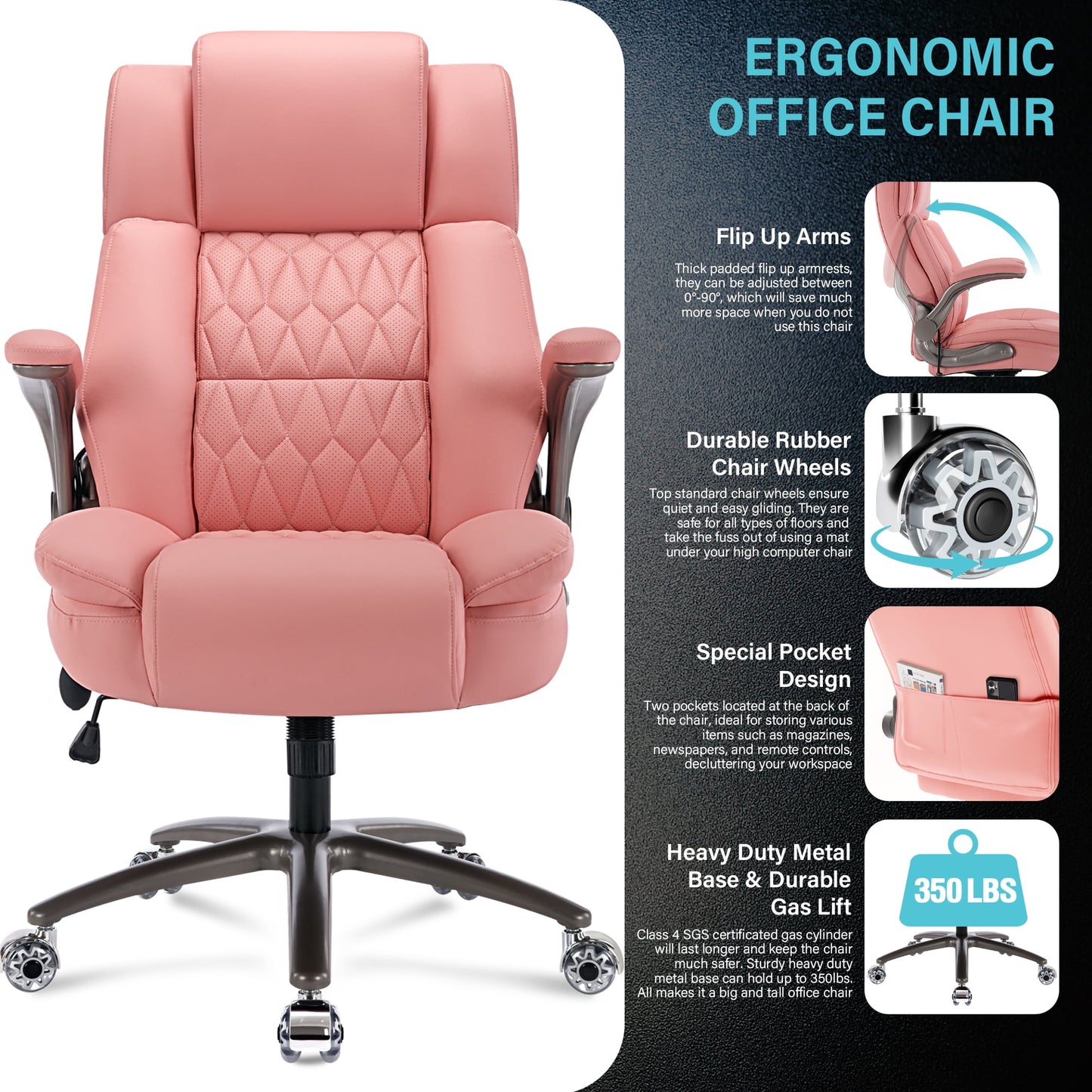 WOSDOM Pink Leather Office Chair - Flip Arms Adjustable Built-in Lumbar Support, Executive Computer Desk Chair Work Chairs with with Storage Bags, Strong Metal Base Quiet Wheels, 350 lb