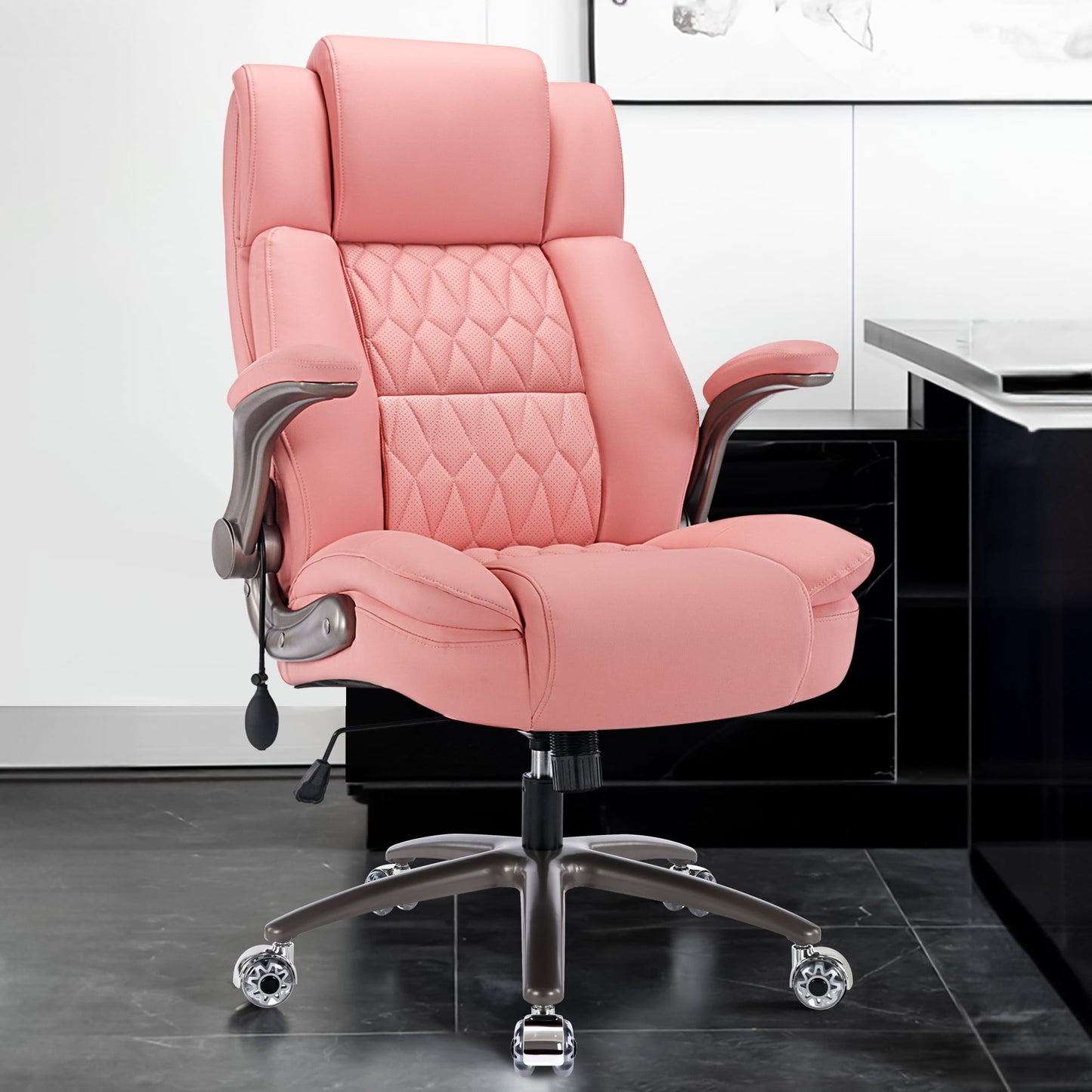 WOSDOM Pink Leather Office Chair - Flip Arms Adjustable Built-in Lumbar Support, Executive Computer Desk Chair Work Chairs with with Storage Bags, Strong Metal Base Quiet Wheels, 350 lb