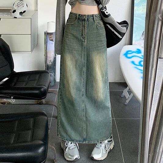 Y2K Vintage Denim Skirt for Women 2023 Summer Korean High Waist Straight Split Mid Length Skirt Street Party