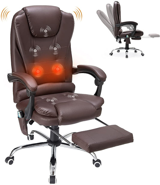 YODOLLA High Back Faux Leather Massage Office Chair Executive Computer Chair with Retractable Footrest, Brown