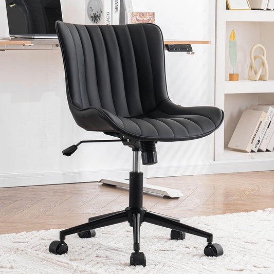 YOUNIKE Cute Armless Office Desk Chair Modern Upholstered Faux Leather Swivel Task Chair, Black