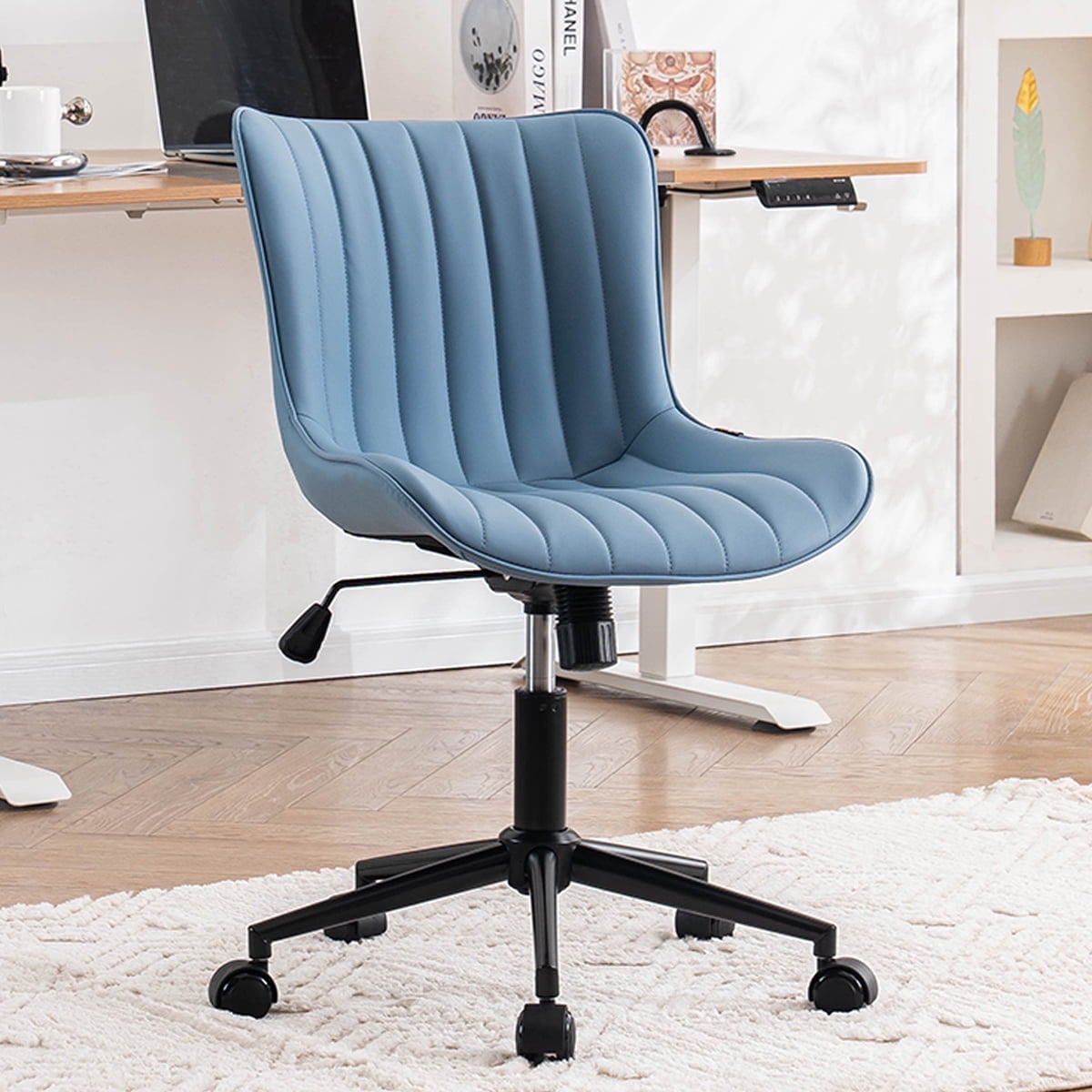 YOUNIKE Cute Armless Office Desk Chair Modern Upholstered Faux Leather Swivel Task Chair, Blue