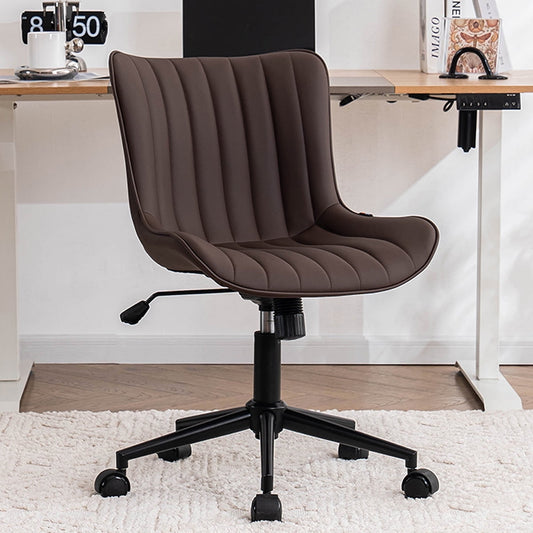 YOUNIKE Cute Armless Office Desk Chair Modern Upholstered Faux Leather Swivel Task Chair, Brown