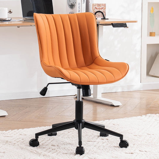 YOUNIKE Chic Armless Swivel Task Chair, Modern Upholstered Faux Leather Office Desk Chair, Camel