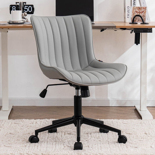 YOUNIKE Cute Armless Office Desk Chair Modern Upholstered Faux Leather Swivel Task Chair, Gray