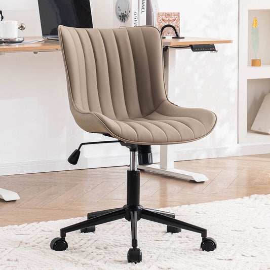 YOUNIKE Cute Armless Office Desk Chair Modern Upholstered Faux Leather Swivel Task Chair, Khaki