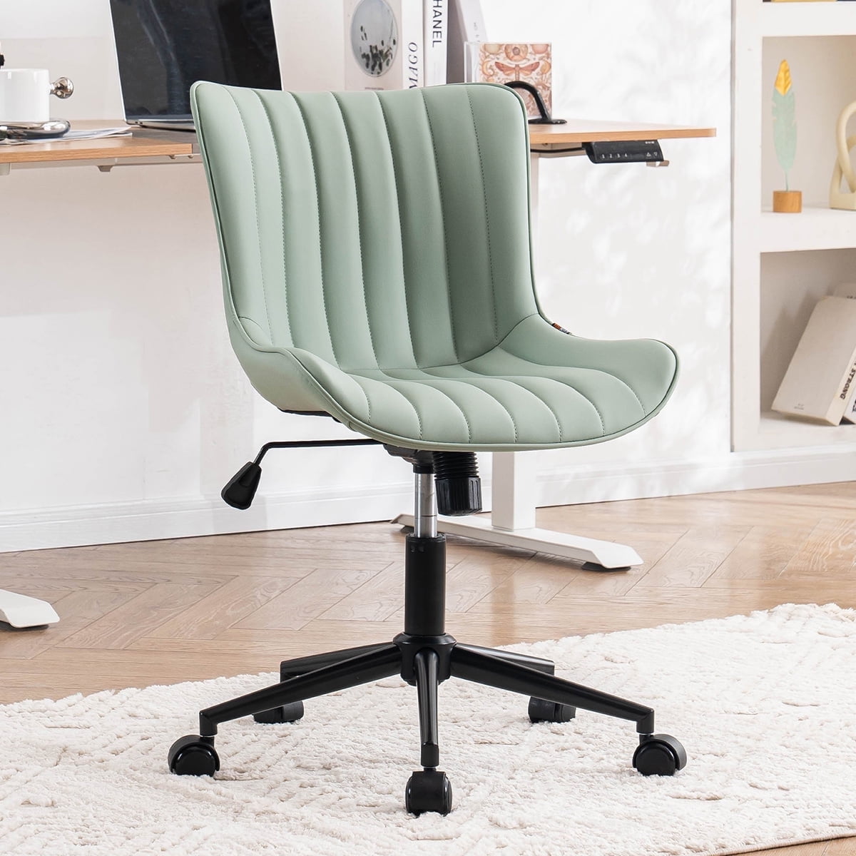 YOUNIKE Cute Armless Office Desk Chair Modern Upholstered Faux Leather Swivel Task Chair, Light Green