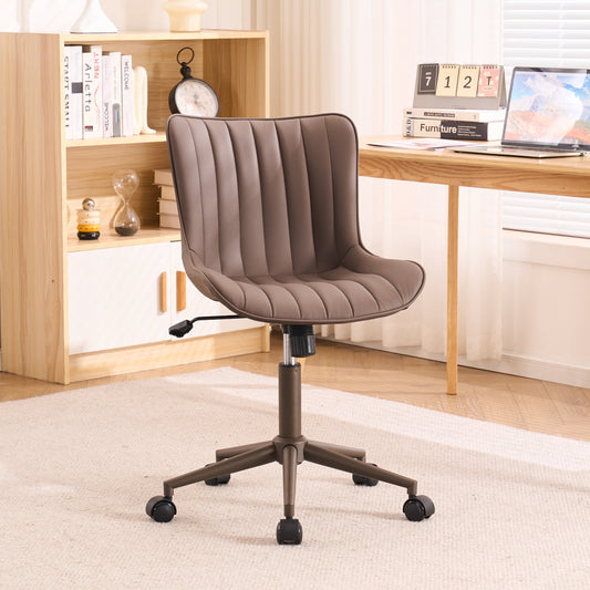 YOUNIKE Cute Armless Office Desk Chair Modern Upholstered Faux Leather Swivel Task Chair, Brown Same-Colored Bottom