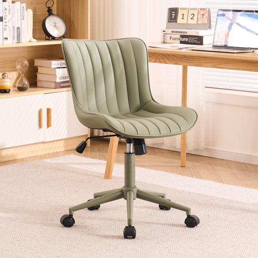 YOUNIKE Cute Armless Office Desk Chair Modern Upholstered Faux Leather Swivel Task Chair, Olive Green Same-Colored Bottom