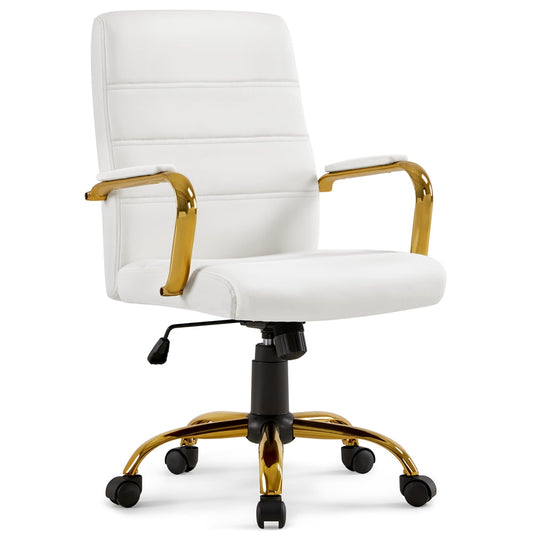 Yaheetech 360¡ã Swivel PU Leather Office Chair with Gold Frame, White