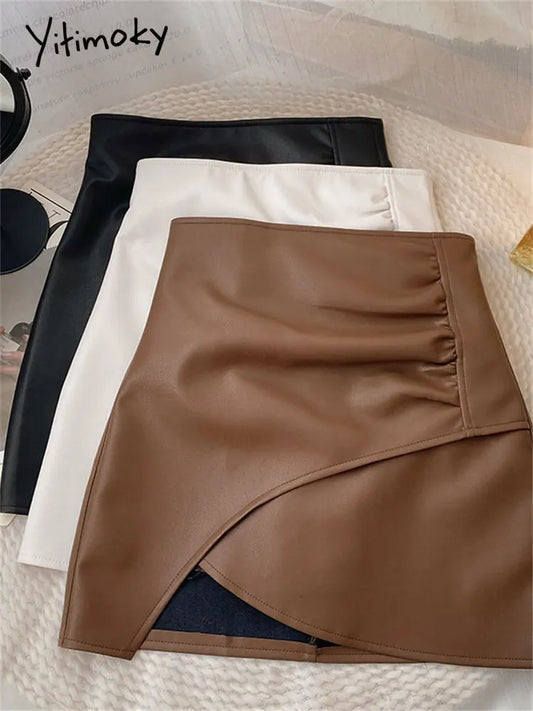 Yitimoky Asymmetrical Leather Skirts for Women Vintage Mini Skirt Office Lady Autumn 2022 PU High Waist Korean Fashion Clothing