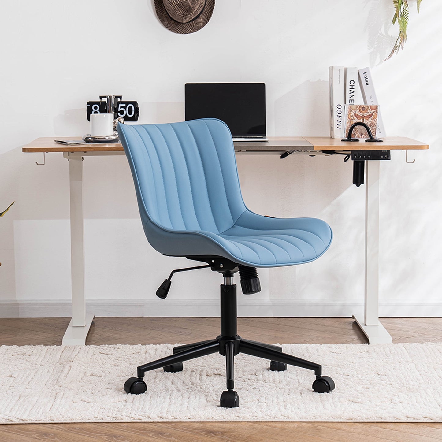 YOUNIKE Cute Armless Office Desk Chair Modern Upholstered Faux Leather Swivel Task Chair, Blue