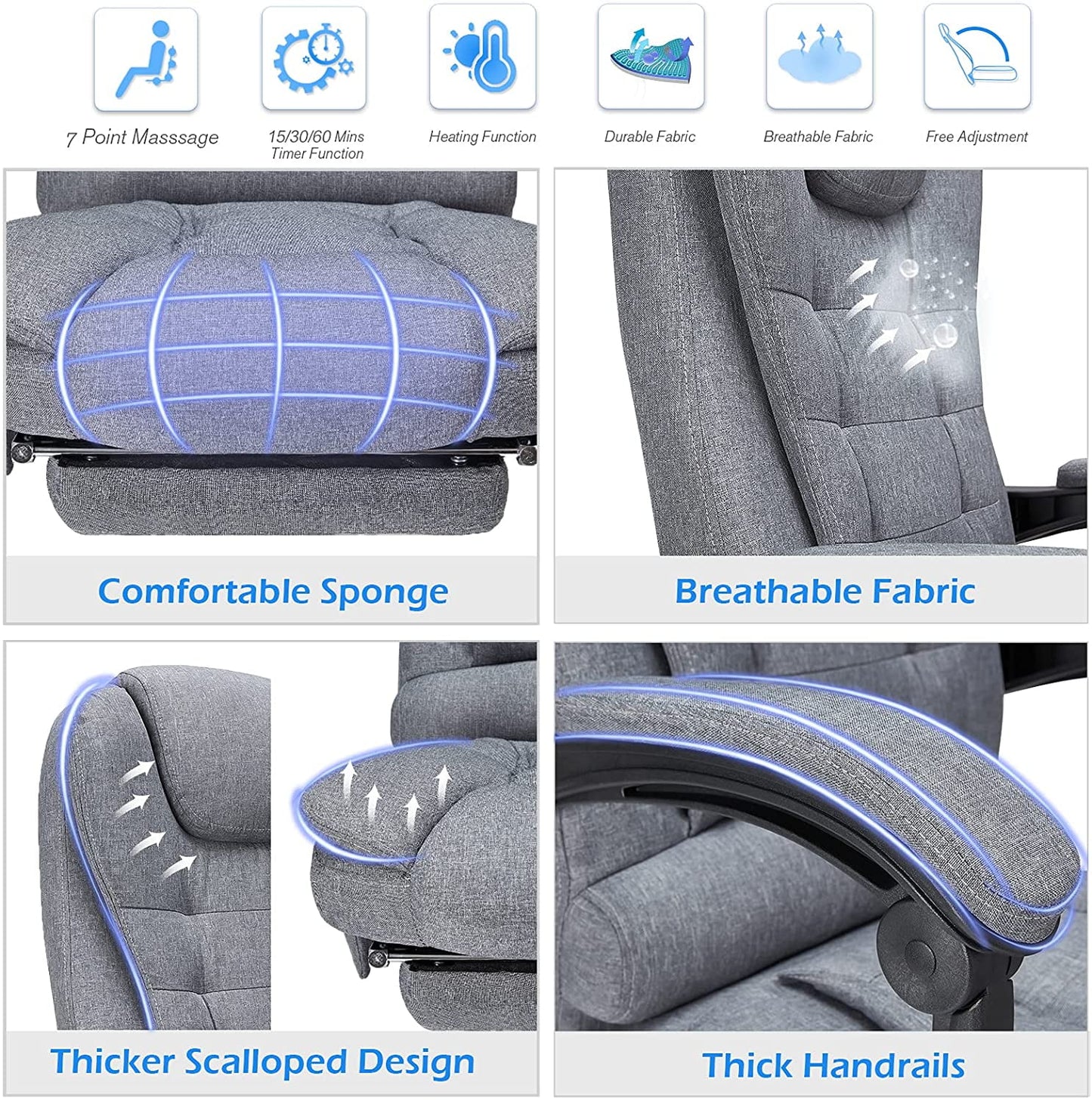 YODOLLA High Back Fabric Massage Office Chair Adjustable Heated Executive Computer Chair with Retractable Footrest, Gray