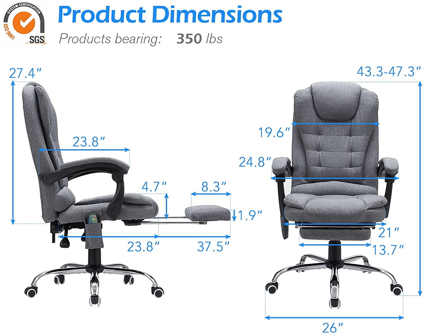 YODOLLA High Back Fabric Massage Office Chair Adjustable Heated Executive Computer Chair with Retractable Footrest, Gray