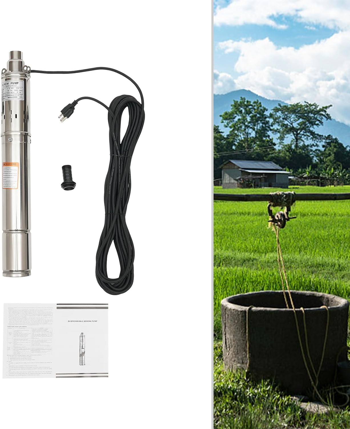 1 HP 115V Deep Well Submersible Pump, 60HZ 0.75KW Stainless Steel Deep Well Water Pump for Irrigation, Home, Industrial, 15m/49.21ft Cable Wire