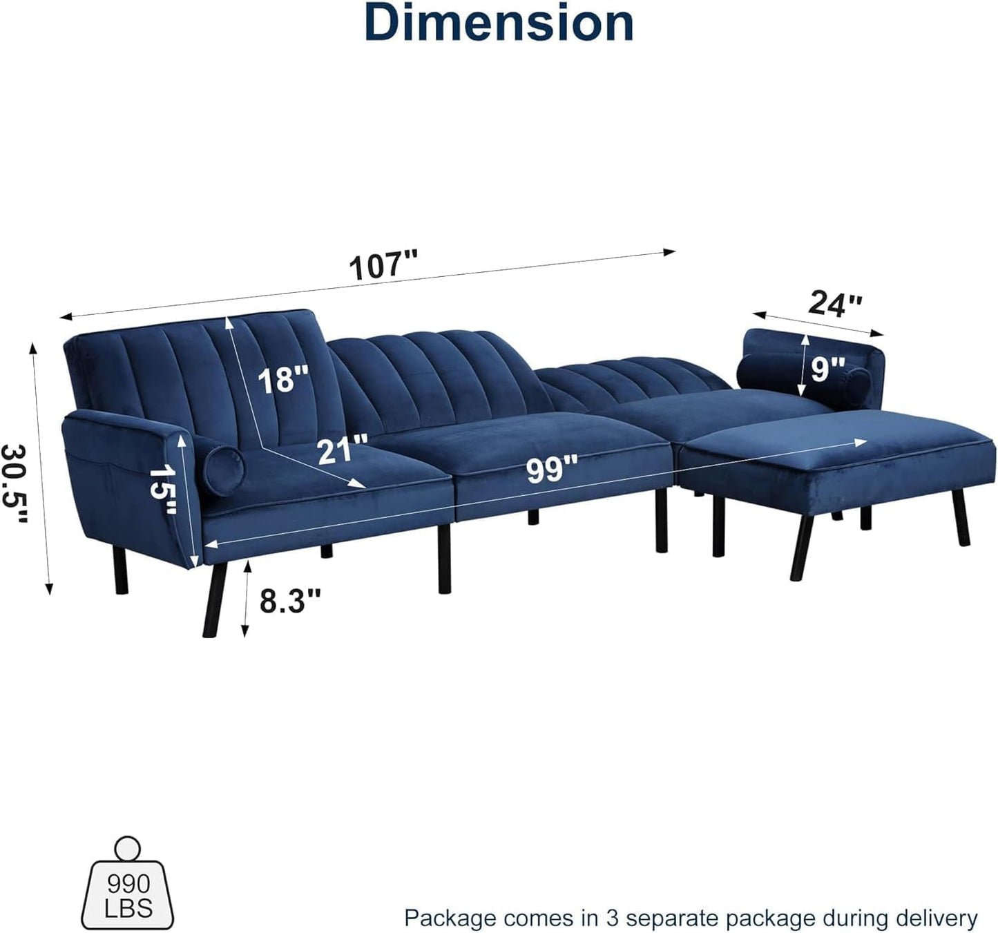 (Buy 1 Free 1 Table Runner)Convertible Sofa with Adjustable Backrest, Velvet Sleep Sofa Bed with USB Charge, Couches for Living Room, Modular Sofa Sleeper for Indoors (Blue)